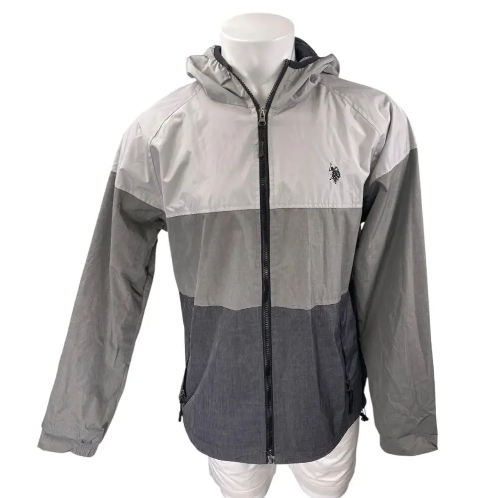 U.S. Polo Assn Men's Gray Black Colorblock Hoodie Hooded Windbreaker Jacket L